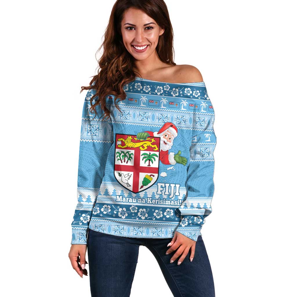 Fiji Christmas Off Shoulder Sweater Fijian Masi Marau na Kerisimasi! - Blue LT14 Women Blue - Polynesian Pride