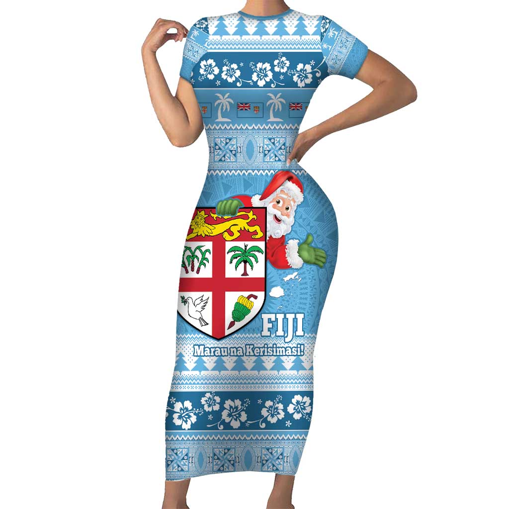 Fiji Christmas Short Sleeve Bodycon Dress Fijian Masi Marau na Kerisimasi! - Blue LT14 Long Dress Blue - Polynesian Pride