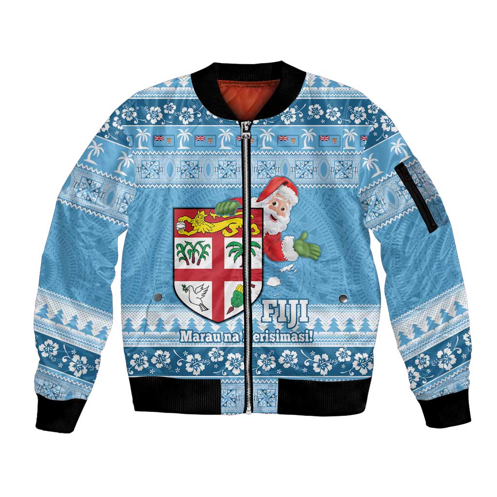 Fiji Christmas Sleeve Zip Bomber Jacket Fijian Masi Marau na Kerisimasi! - Blue LT14 Unisex Blue - Polynesian Pride