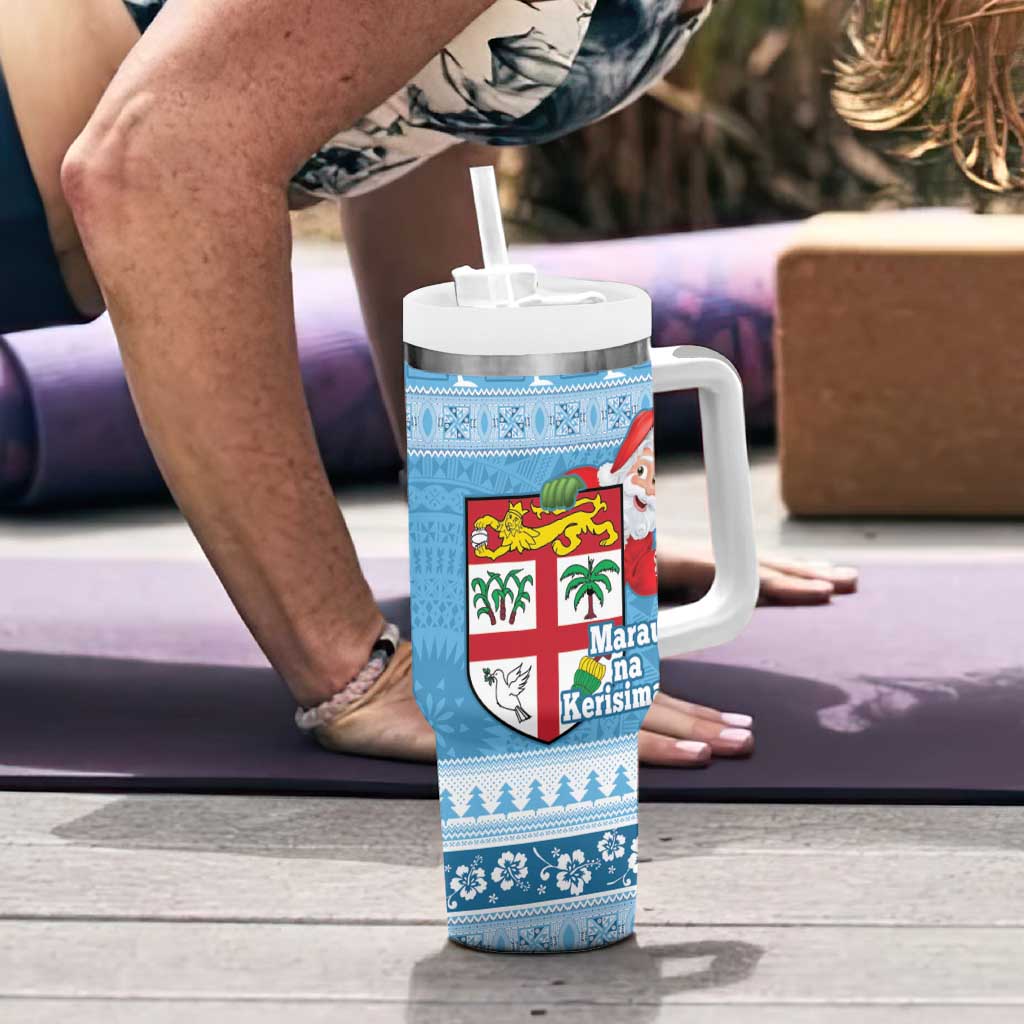 Fiji Christmas Tumbler With Handle Fijian Masi Marau na Kerisimasi! - Blue LT14 - Polynesian Pride