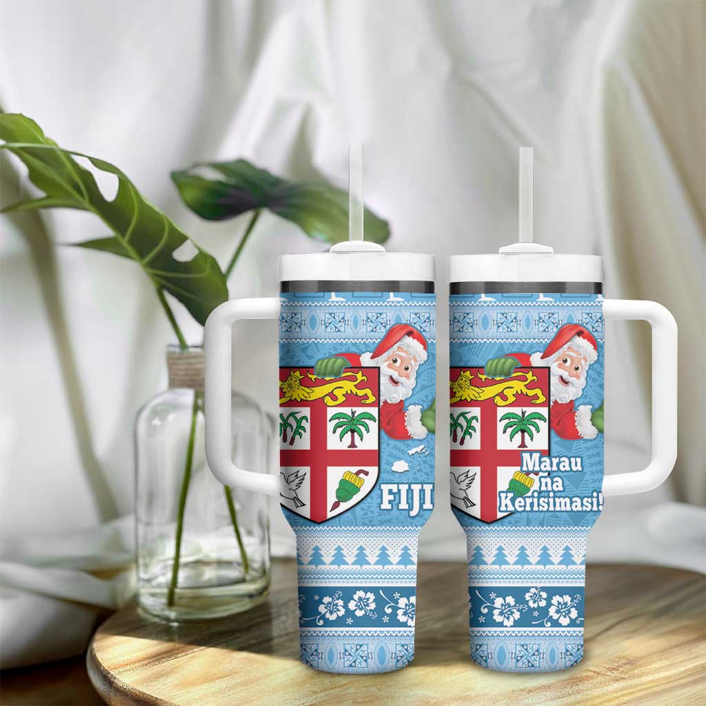 Fiji Christmas Tumbler With Handle Fijian Masi Marau na Kerisimasi! - Blue LT14 - Polynesian Pride