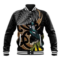 Aotearoa Kowhai Tui Bird Baseball Jacket Maori Ngaru With Silver Fern LT14 Unisex Black - Polynesian Pride