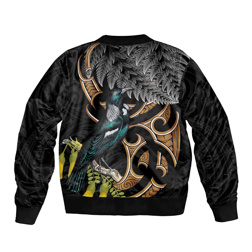 Aotearoa Kowhai Tui Bird Bomber Jacket Maori Ngaru With Silver Fern LT14 - Polynesian Pride