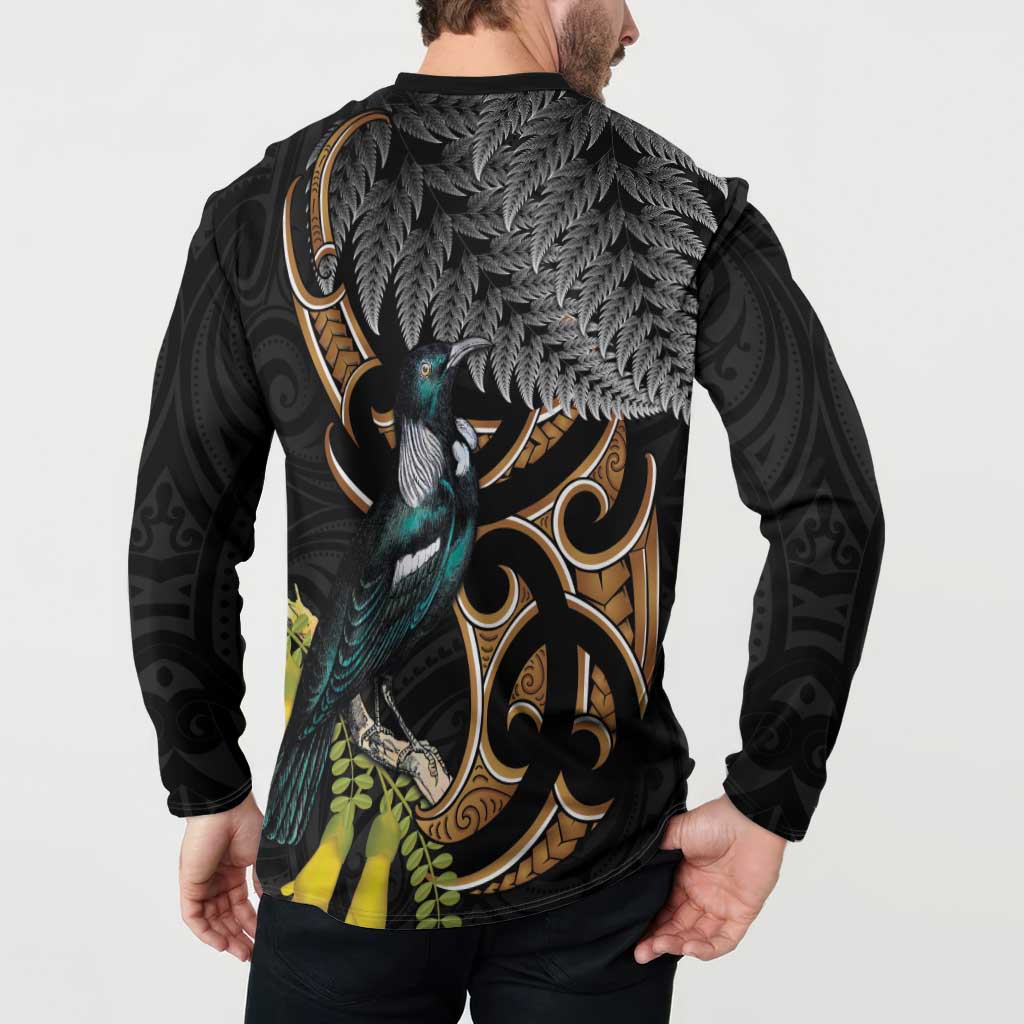 Aotearoa Kowhai Tui Bird Button Sweatshirt Maori Ngaru With Silver Fern LT14 - Polynesian Pride