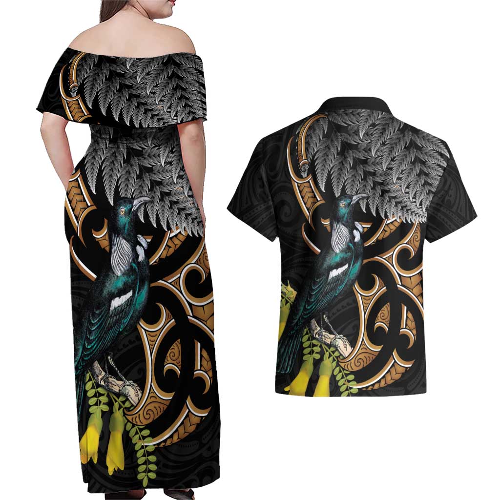 Aotearoa Kowhai Tui Bird Couples Matching Off Shoulder Maxi Dress and Hawaiian Shirt Maori Ngaru With Silver Fern