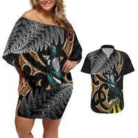 Aotearoa Kowhai Tui Bird Couples Matching Off Shoulder Short Dress and Hawaiian Shirt Maori Ngaru With Silver Fern