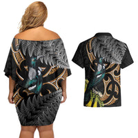 Aotearoa Kowhai Tui Bird Couples Matching Off Shoulder Short Dress and Hawaiian Shirt Maori Ngaru With Silver Fern