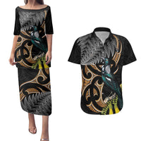 Aotearoa Kowhai Tui Bird Couples Matching Puletasi and Hawaiian Shirt Maori Ngaru With Silver Fern