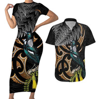 Aotearoa Kowhai Tui Bird Couples Matching Short Sleeve Bodycon Dress and Hawaiian Shirt Maori Ngaru With Silver Fern