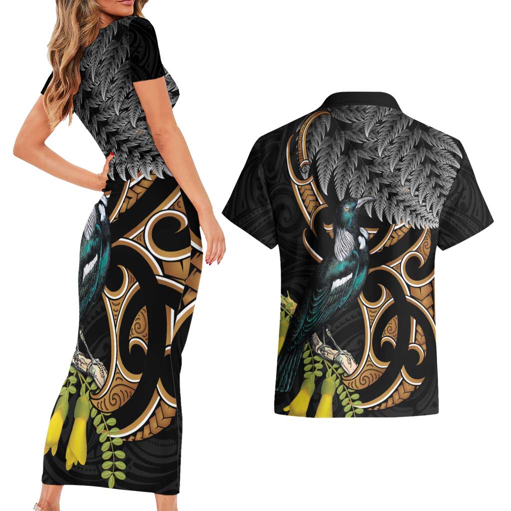 Aotearoa Kowhai Tui Bird Couples Matching Short Sleeve Bodycon Dress and Hawaiian Shirt Maori Ngaru With Silver Fern