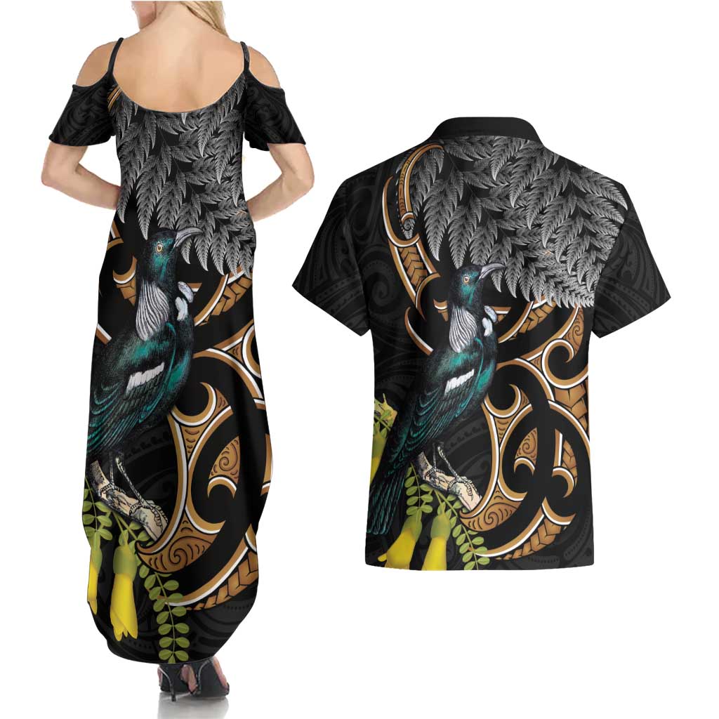Aotearoa Kowhai Tui Bird Couples Matching Summer Maxi Dress and Hawaiian Shirt Maori Ngaru With Silver Fern