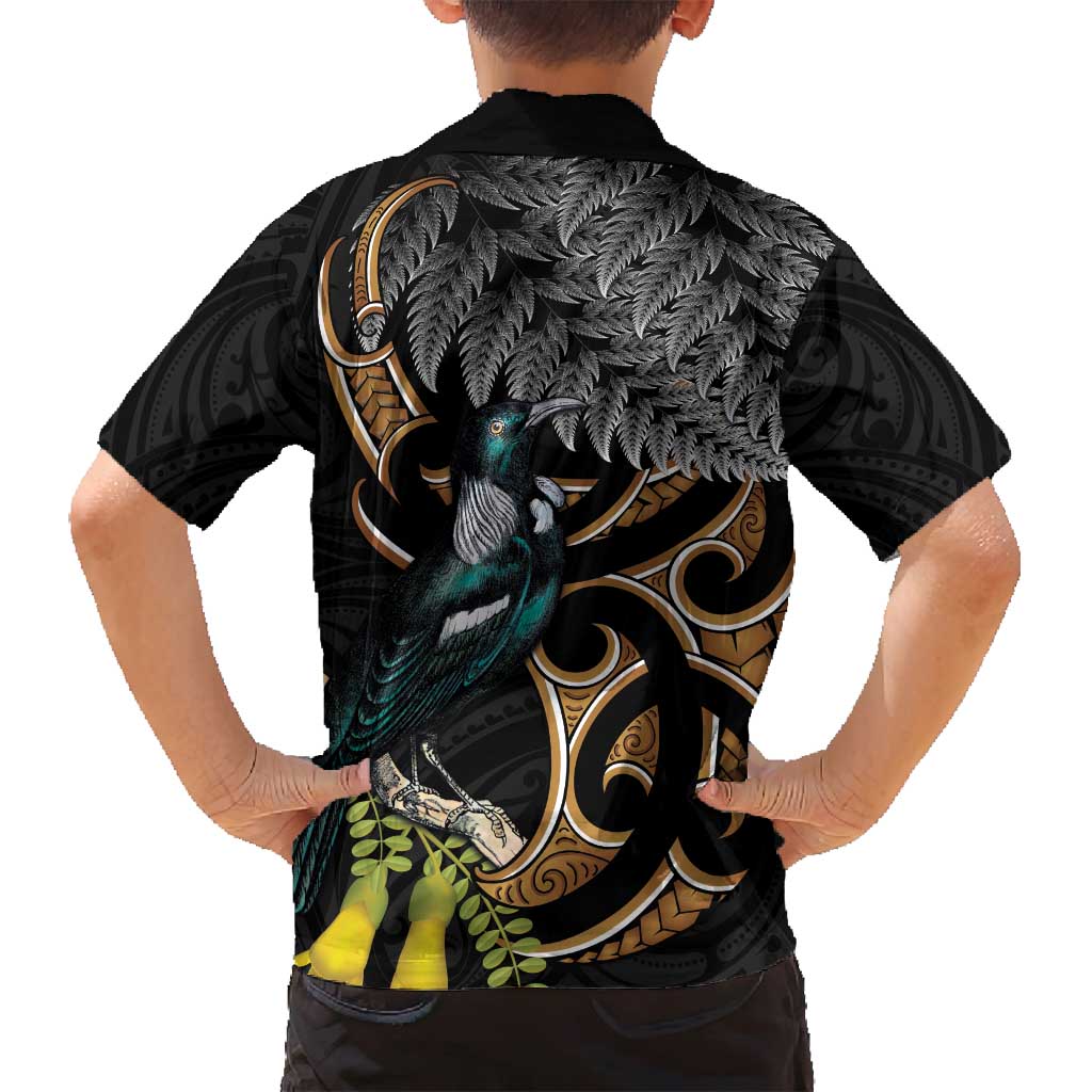 Aotearoa Kowhai Tui Bird Family Matching Long Sleeve Bodycon Dress and Hawaiian Shirt Maori Ngaru With Silver Fern LT14 - Polynesian Pride