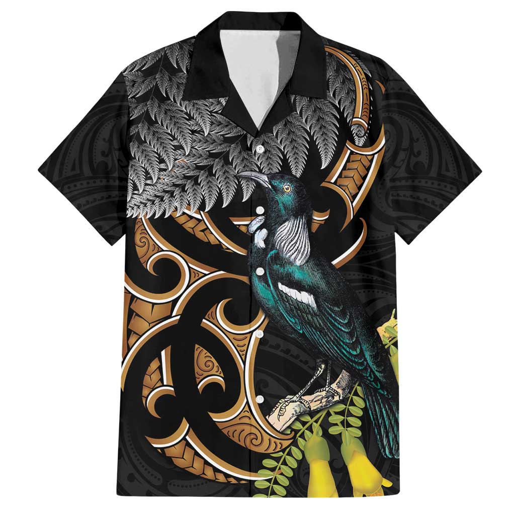 Aotearoa Kowhai Tui Bird Family Matching Long Sleeve Bodycon Dress and Hawaiian Shirt Maori Ngaru With Silver Fern LT14 Dad's Shirt - Short Sleeve Black - Polynesian Pride