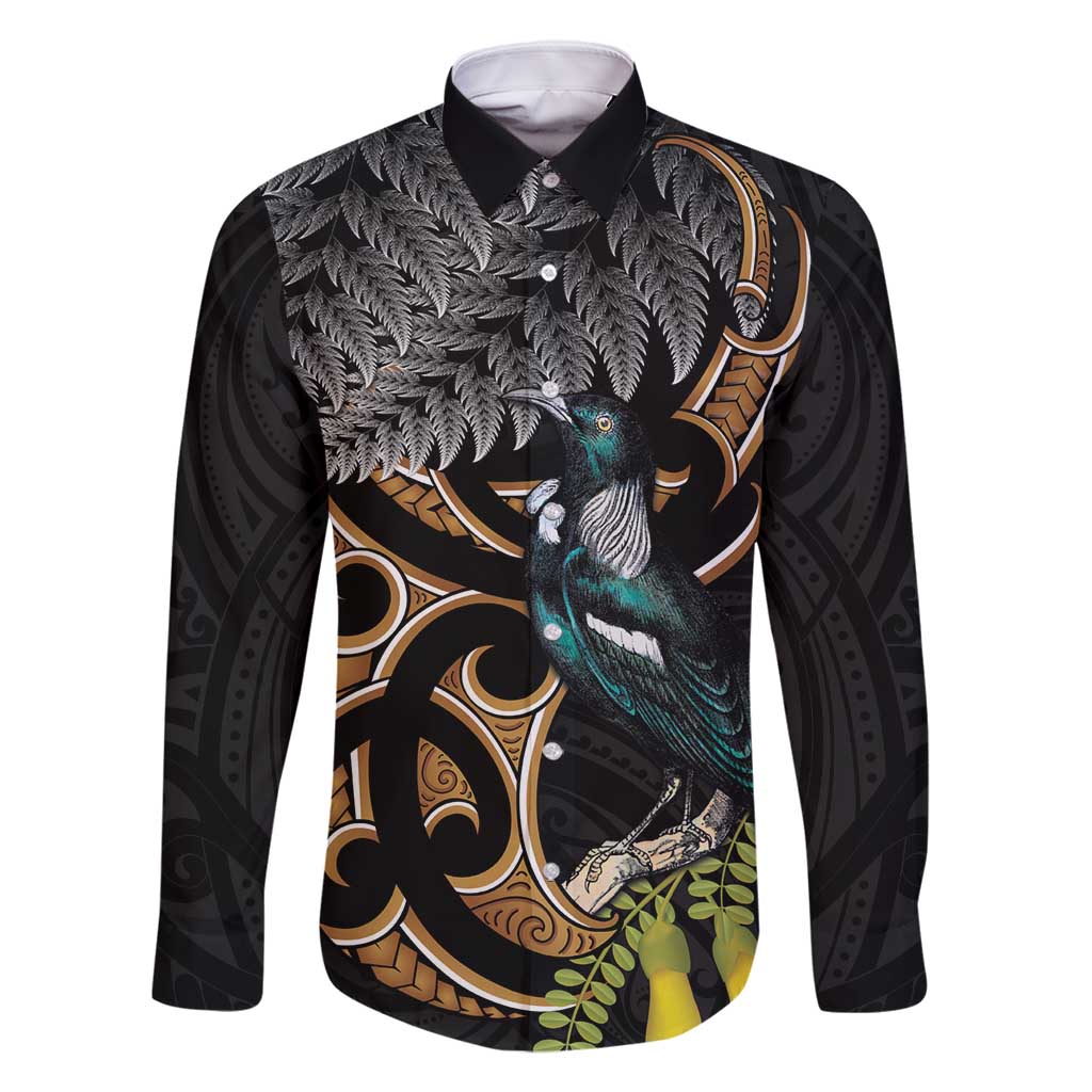 Aotearoa Kowhai Tui Bird Family Matching Long Sleeve Bodycon Dress and Hawaiian Shirt Maori Ngaru With Silver Fern LT14 Dad's Shirt - Long Sleeve Black - Polynesian Pride