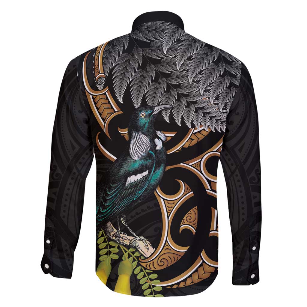 Aotearoa Kowhai Tui Bird Family Matching Long Sleeve Bodycon Dress and Hawaiian Shirt Maori Ngaru With Silver Fern LT14 - Polynesian Pride