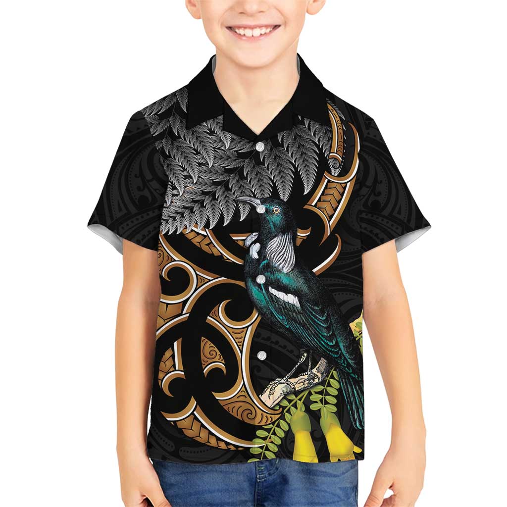 Aotearoa Kowhai Tui Bird Family Matching Long Sleeve Bodycon Dress and Hawaiian Shirt Maori Ngaru With Silver Fern LT14 Son's Shirt Black - Polynesian Pride