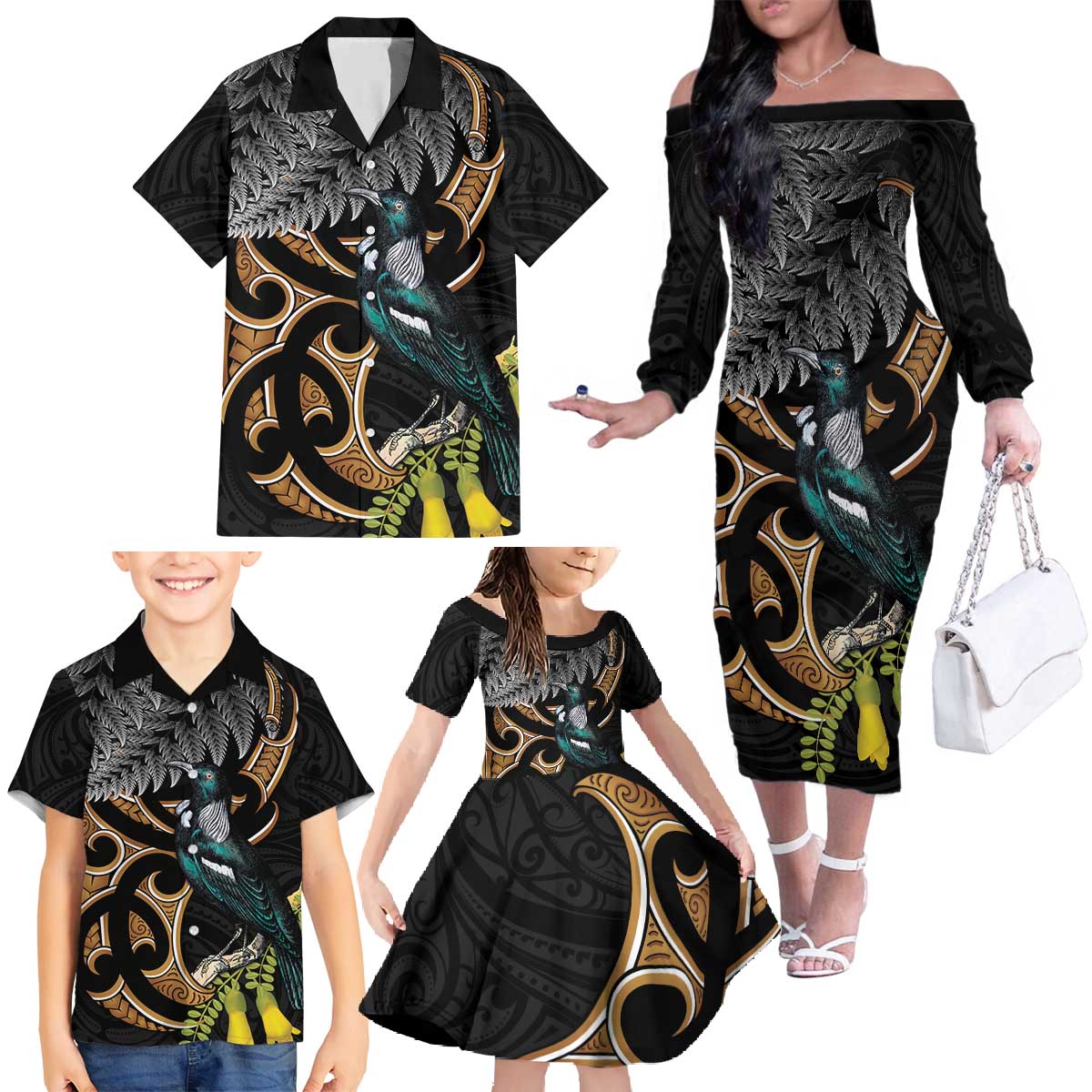 Aotearoa Kowhai Tui Bird Family Matching Off The Shoulder Long Sleeve Dress and Hawaiian Shirt Maori Ngaru With Silver Fern