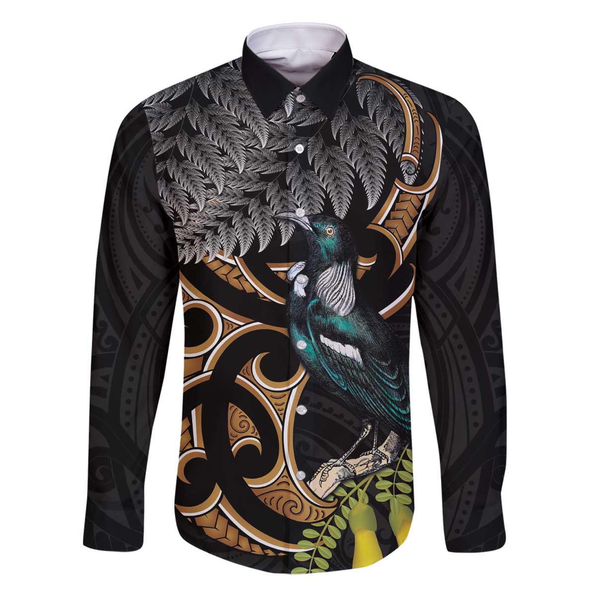 Aotearoa Kowhai Tui Bird Family Matching Off The Shoulder Long Sleeve Dress and Hawaiian Shirt Maori Ngaru With Silver Fern