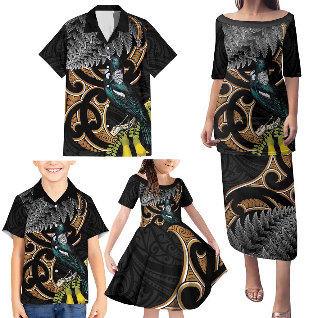 Aotearoa Kowhai Tui Bird Family Matching Puletasi and Hawaiian Shirt Maori Ngaru With Silver Fern
