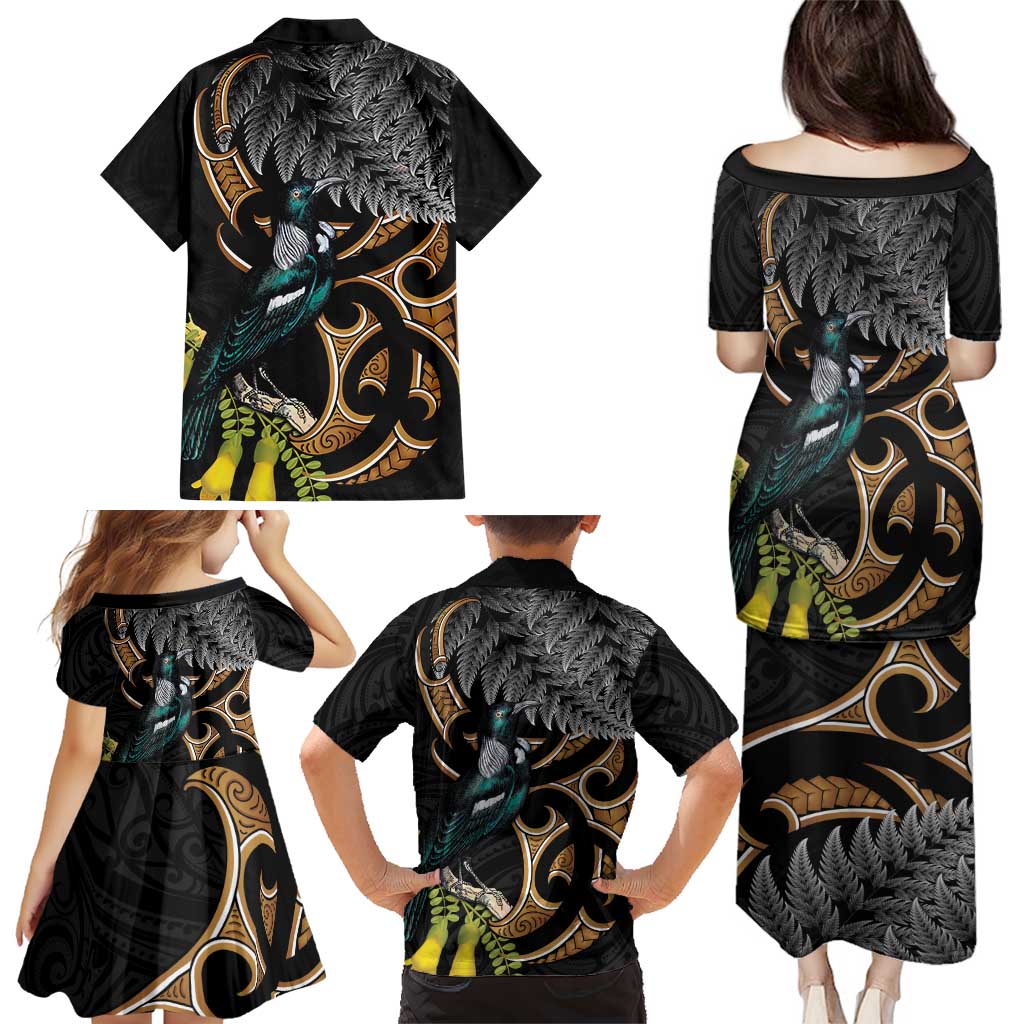 Aotearoa Kowhai Tui Bird Family Matching Puletasi and Hawaiian Shirt Maori Ngaru With Silver Fern