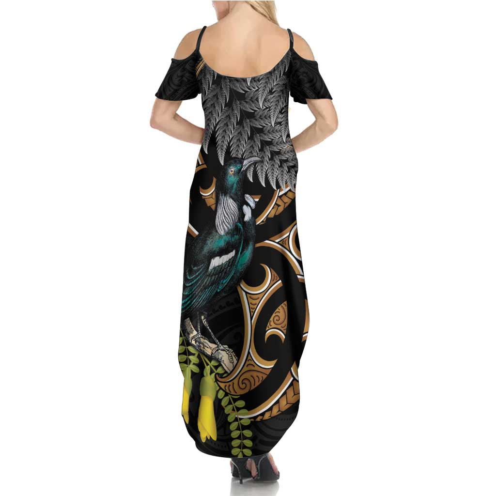 Aotearoa Kowhai Tui Bird Family Matching Summer Maxi Dress and Hawaiian Shirt Maori Ngaru With Silver Fern