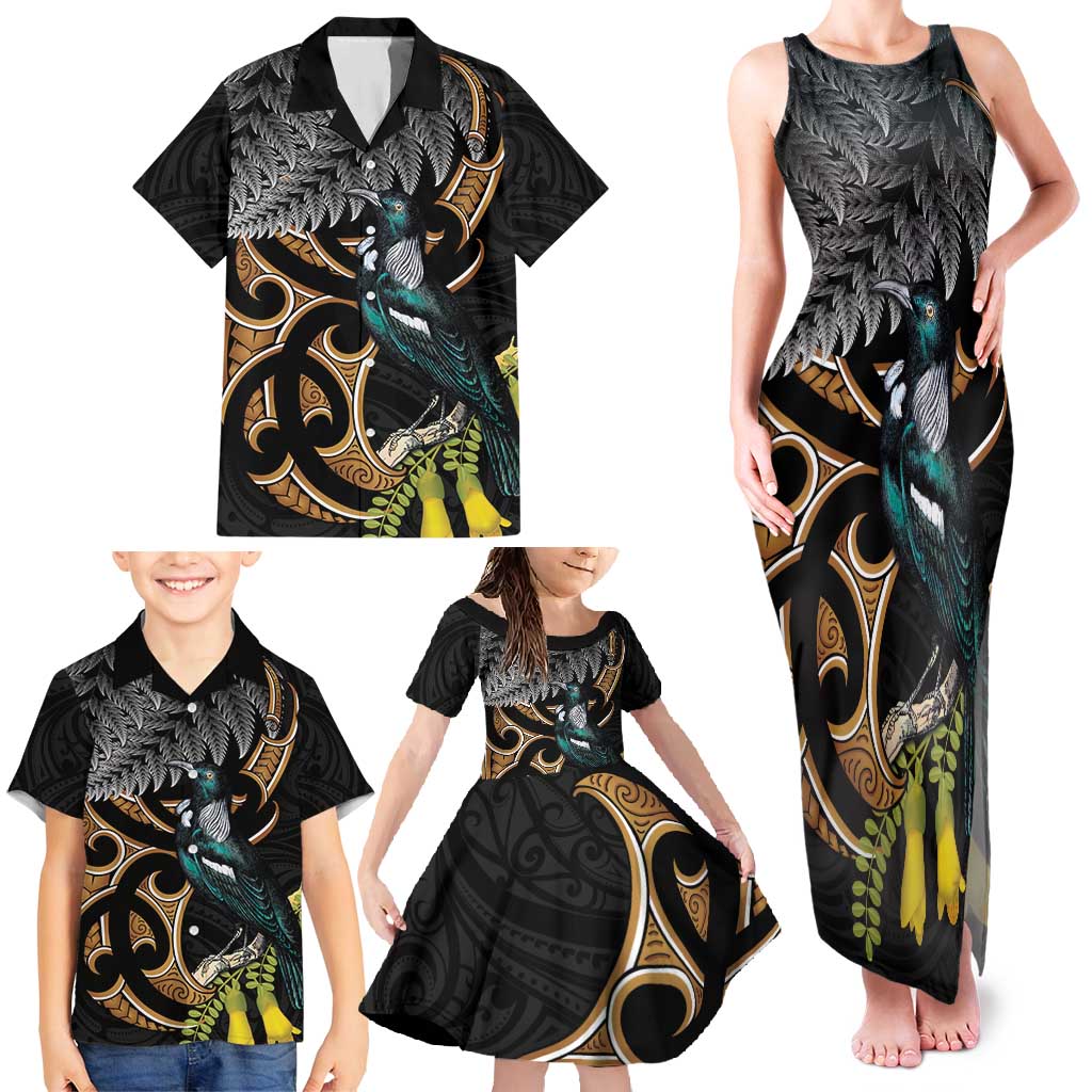 Aotearoa Kowhai Tui Bird Family Matching Tank Maxi Dress and Hawaiian Shirt Maori Ngaru With Silver Fern