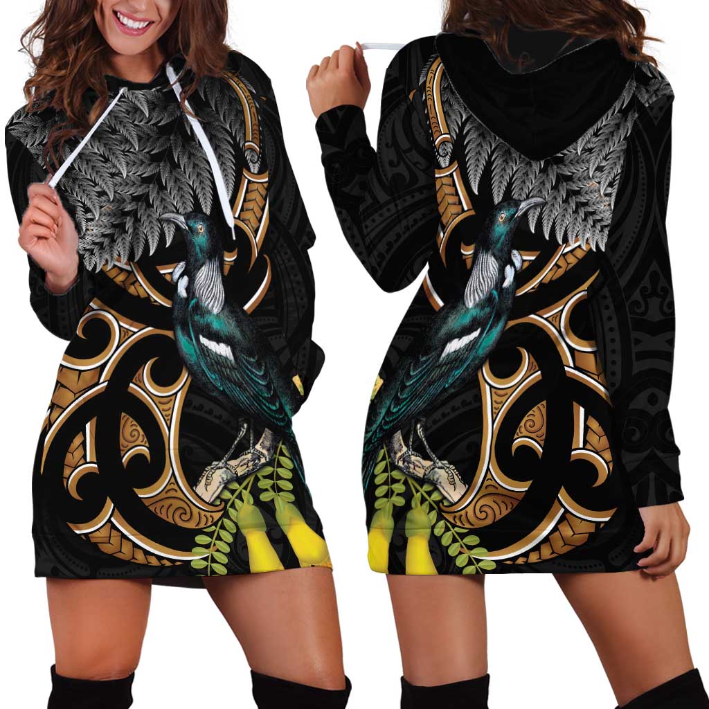 Aotearoa Kowhai Tui Bird Hoodie Dress Maori Ngaru With Silver Fern