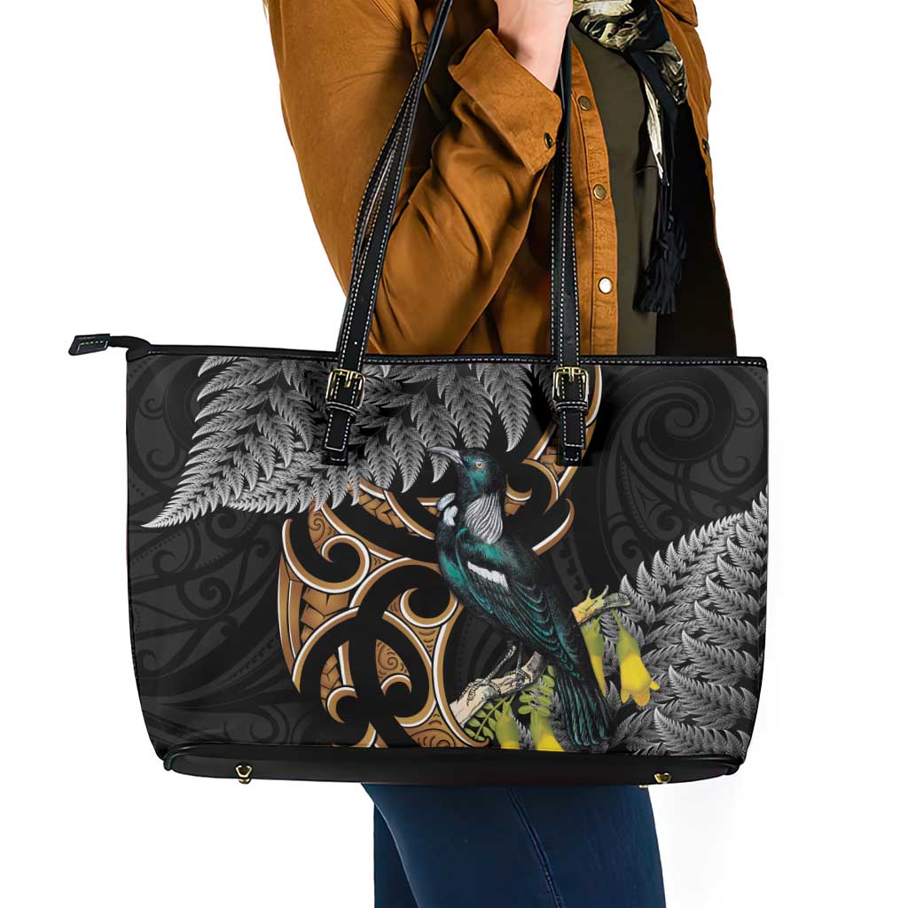 Aotearoa Kowhai Tui Bird Leather Tote Bag Maori Ngaru With Silver Fern