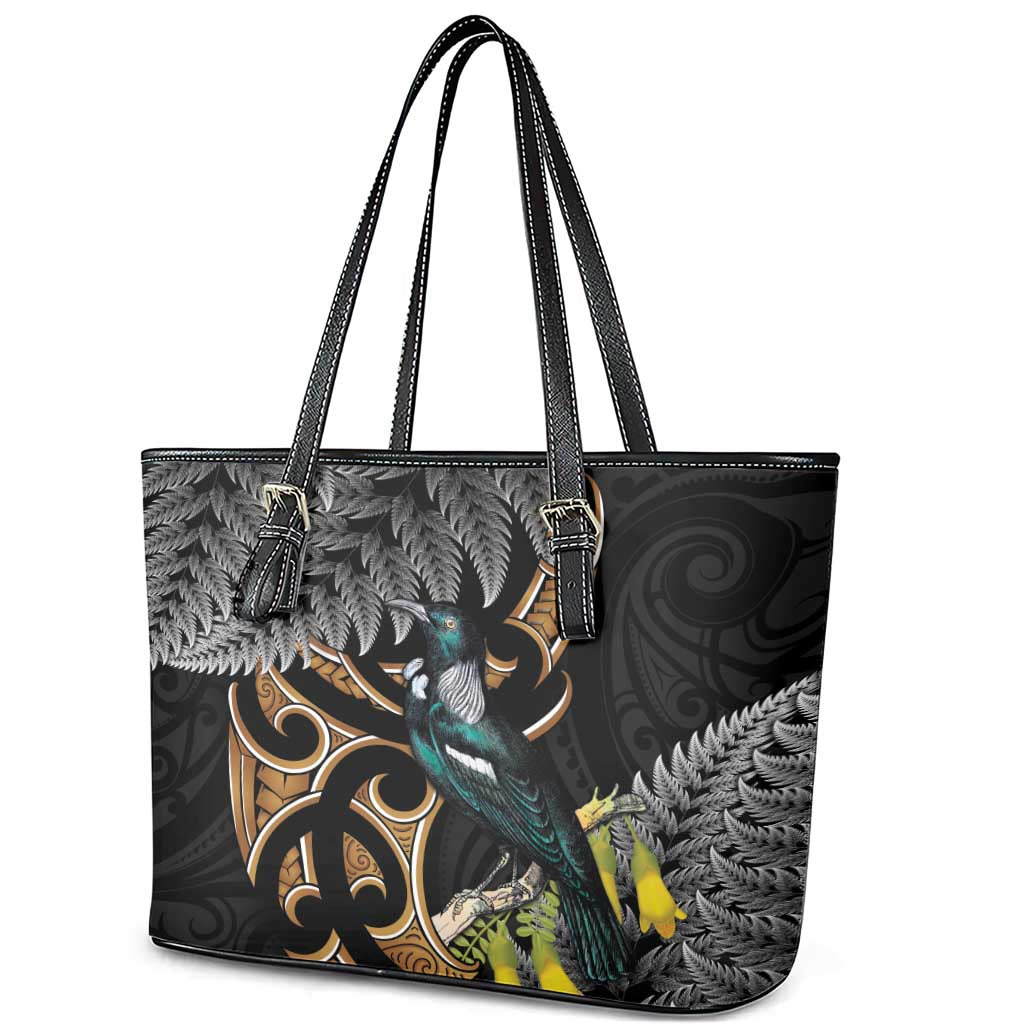 Aotearoa Kowhai Tui Bird Leather Tote Bag Maori Ngaru With Silver Fern