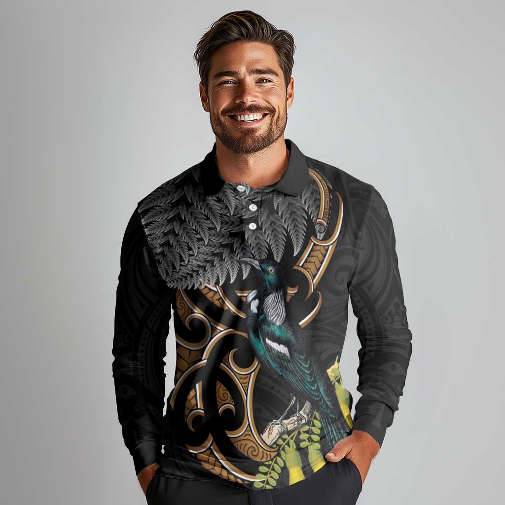 Aotearoa Kowhai Tui Bird Long Sleeve Polo Shirt Maori Ngaru With Silver Fern
