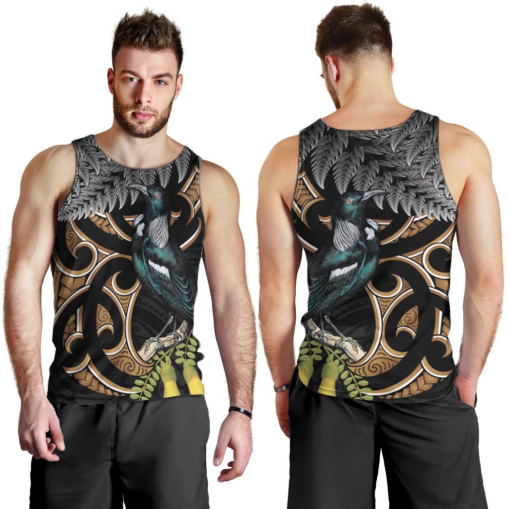 Aotearoa Kowhai Tui Bird Men Tank Top Maori Ngaru With Silver Fern