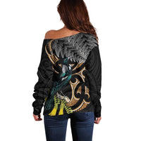 Aotearoa Kowhai Tui Bird Off Shoulder Sweater Maori Ngaru With Silver Fern