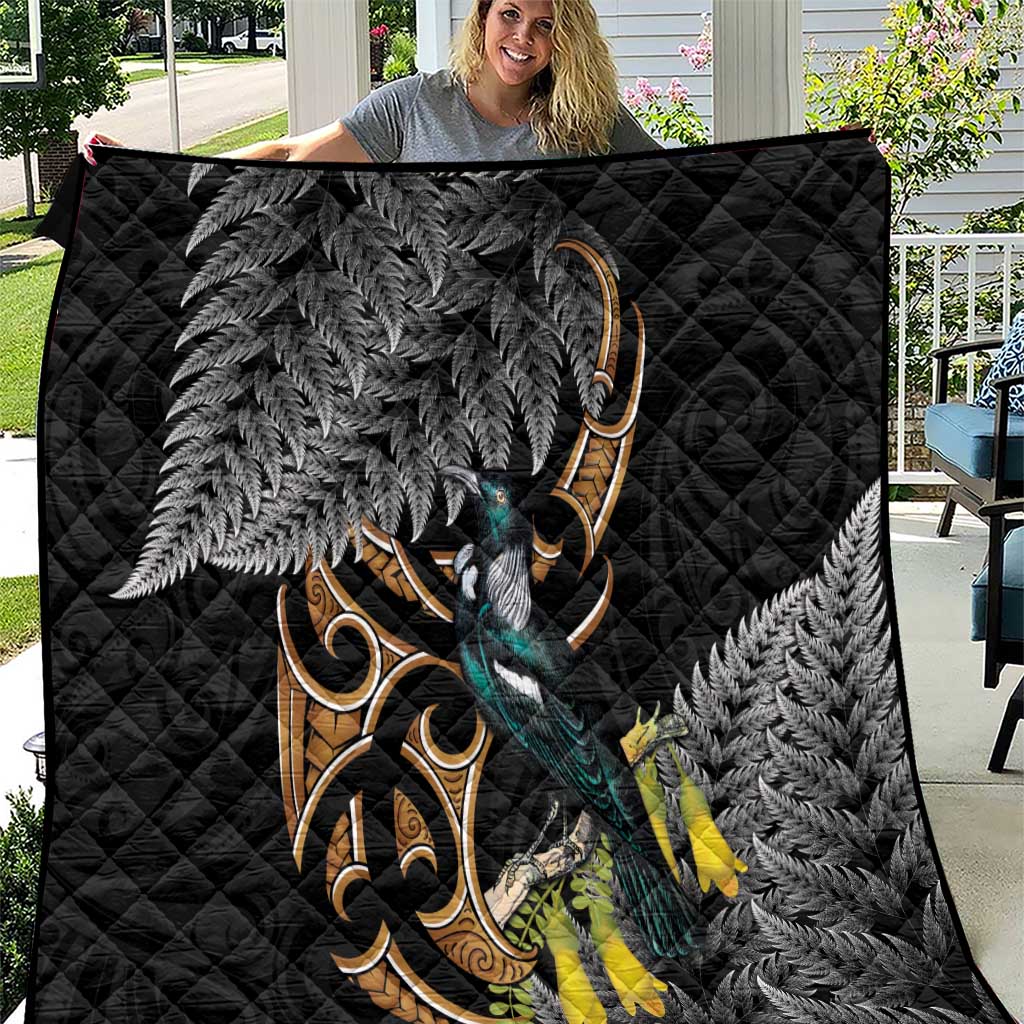 Aotearoa Kowhai Tui Bird Quilt Maori Ngaru With Silver Fern LT14 Black - Polynesian Pride