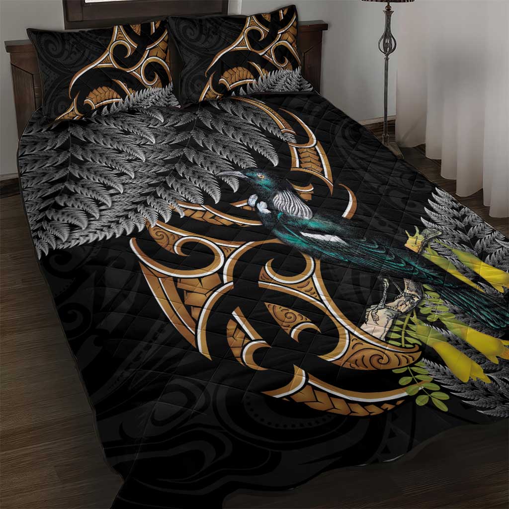 Aotearoa Kowhai Tui Bird Quilt Bed Set Maori Ngaru With Silver Fern LT14 Black - Polynesian Pride