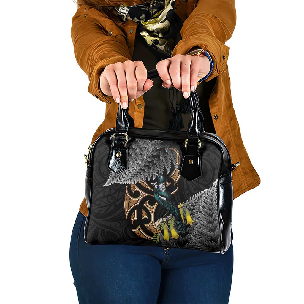 Aotearoa Kowhai Tui Bird Shoulder Handbag Maori Ngaru With Silver Fern LT14 One Size Black - Polynesian Pride