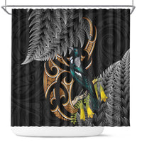 Aotearoa Kowhai Tui Bird Shower Curtain Maori Ngaru With Silver Fern LT14 Black - Polynesian Pride