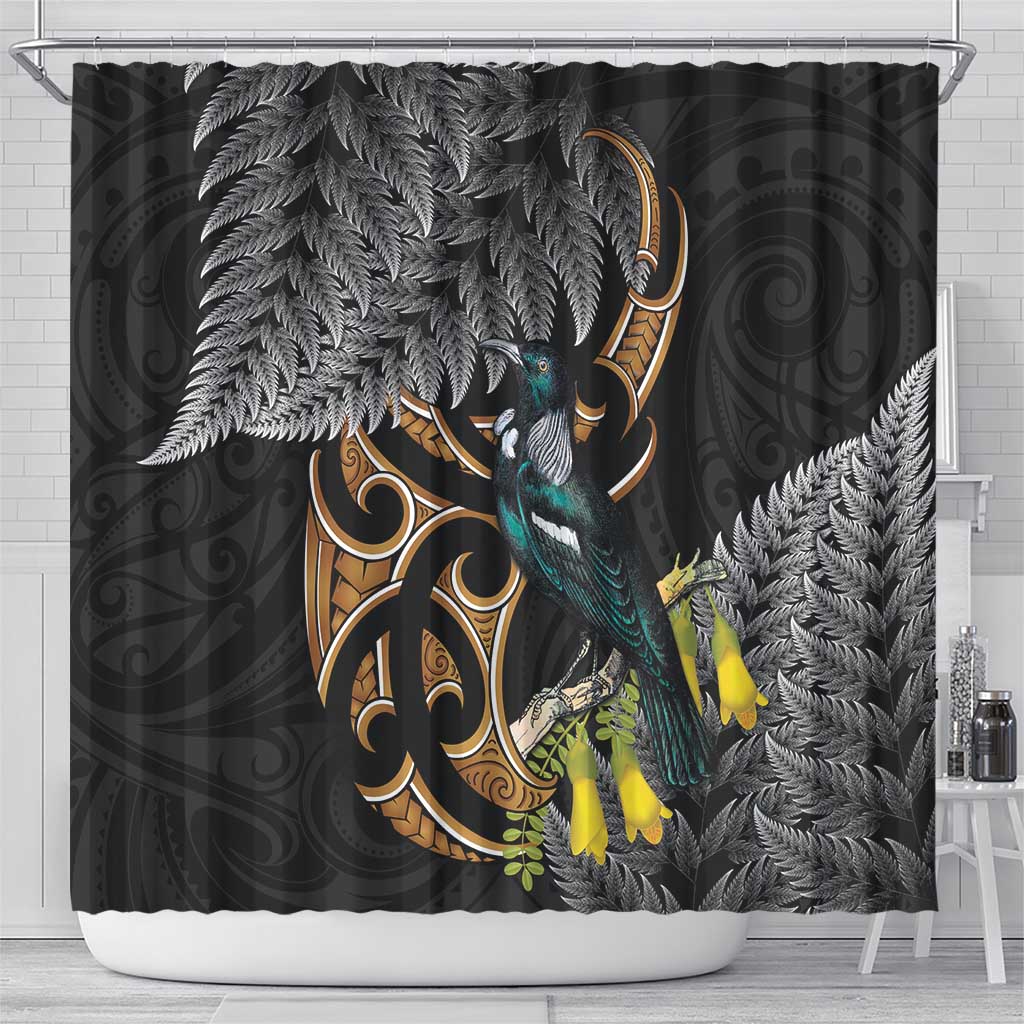 Aotearoa Kowhai Tui Bird Shower Curtain Maori Ngaru With Silver Fern LT14 - Polynesian Pride