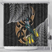 Aotearoa Kowhai Tui Bird Shower Curtain Maori Ngaru With Silver Fern LT14 - Polynesian Pride