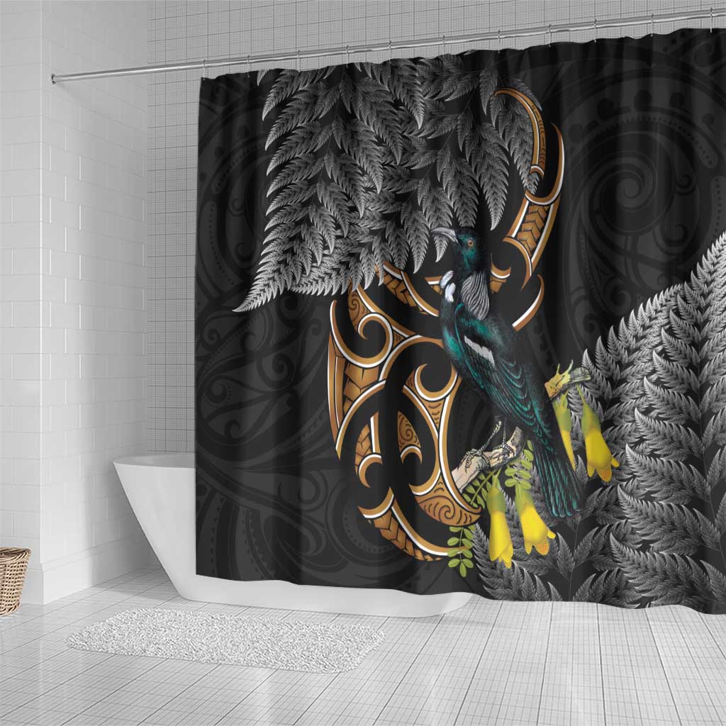 Aotearoa Kowhai Tui Bird Shower Curtain Maori Ngaru With Silver Fern LT14 - Polynesian Pride