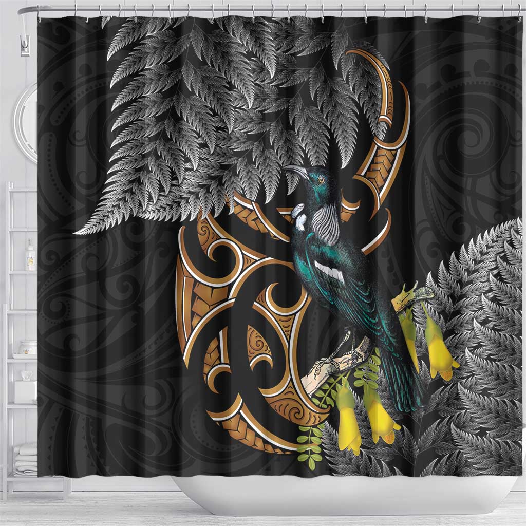 Aotearoa Kowhai Tui Bird Shower Curtain Maori Ngaru With Silver Fern LT14 - Polynesian Pride