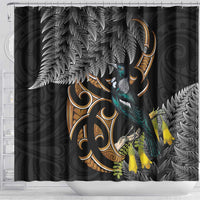 Aotearoa Kowhai Tui Bird Shower Curtain Maori Ngaru With Silver Fern LT14 - Polynesian Pride