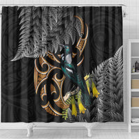 Aotearoa Kowhai Tui Bird Shower Curtain Maori Ngaru With Silver Fern LT14 - Polynesian Pride