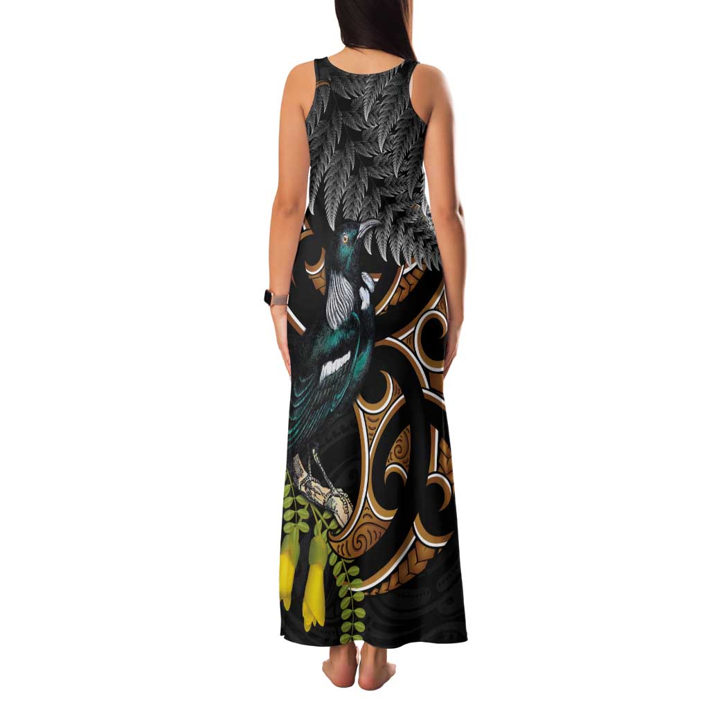 Aotearoa Kowhai Tui Bird Tank Maxi Dress Maori Ngaru With Silver Fern