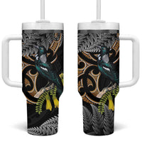 Aotearoa Kowhai Tui Bird Tumbler With Handle Maori Ngaru With Silver Fern LT14 One Size: 40 oz Black - Polynesian Pride