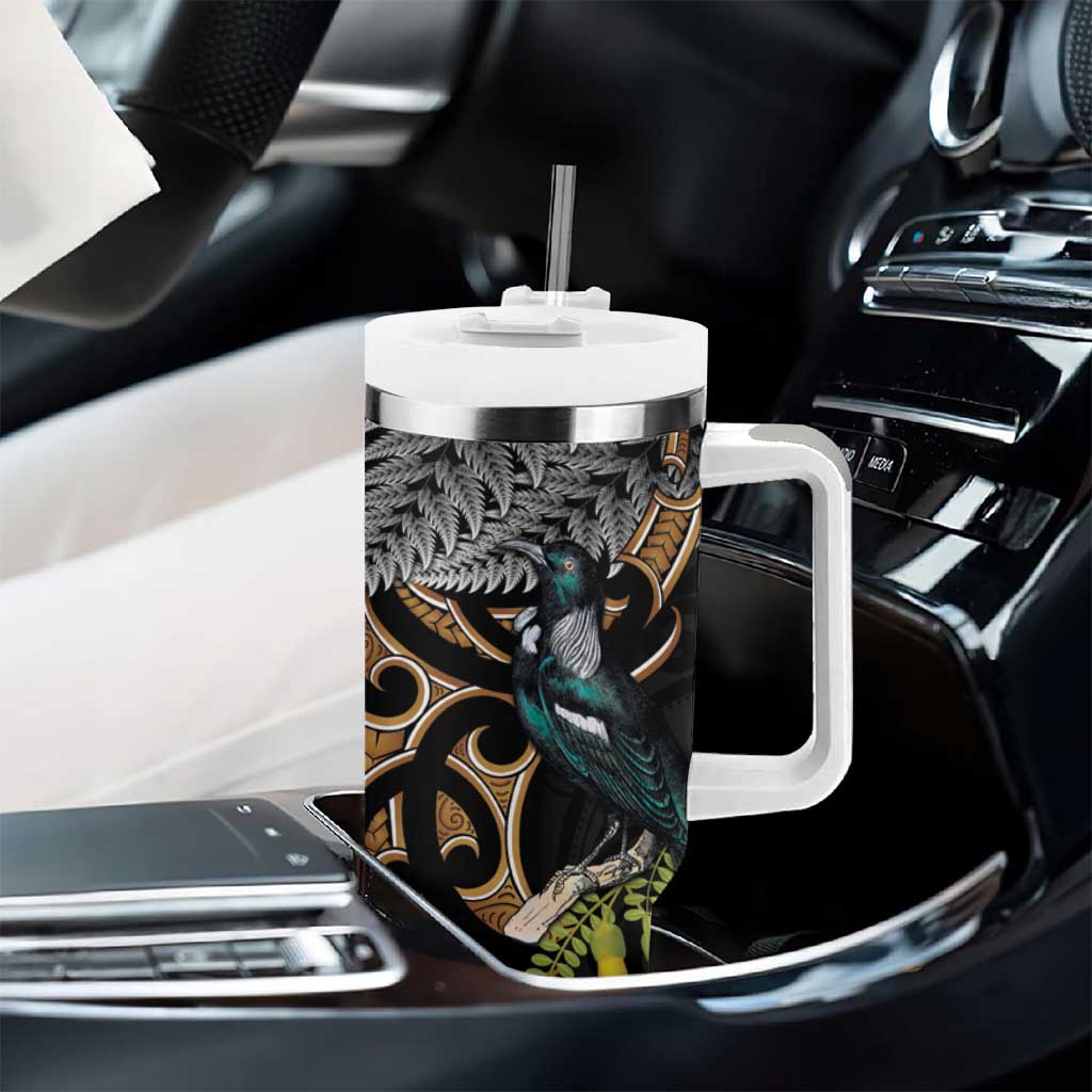 Aotearoa Kowhai Tui Bird Tumbler With Handle Maori Ngaru With Silver Fern LT14 - Polynesian Pride