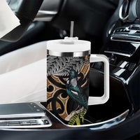 Aotearoa Kowhai Tui Bird Tumbler With Handle Maori Ngaru With Silver Fern LT14 - Polynesian Pride