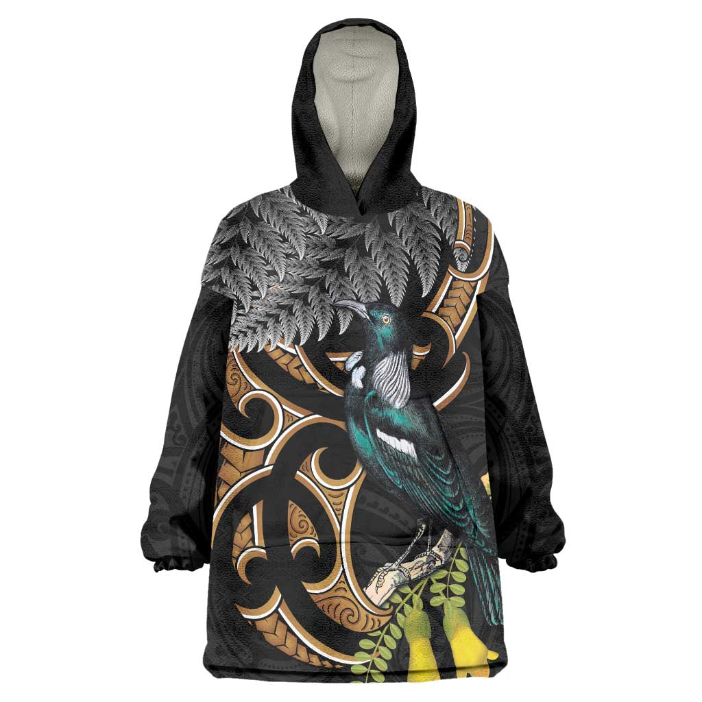 Aotearoa Kowhai Tui Bird Wearable Blanket Hoodie Maori Ngaru With Silver Fern LT14 One Size Black - Polynesian Pride