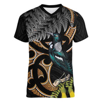 Aotearoa Kowhai Tui Bird Women V-Neck T-Shirt Maori Ngaru With Silver Fern