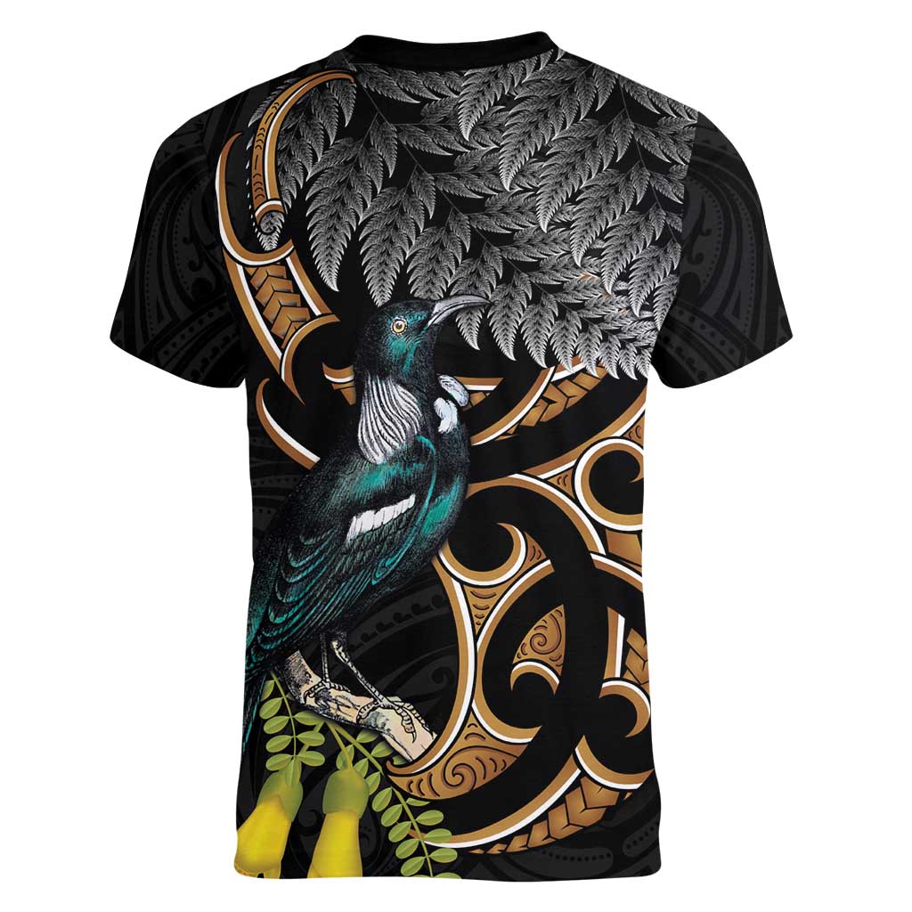 Aotearoa Kowhai Tui Bird Women V-Neck T-Shirt Maori Ngaru With Silver Fern
