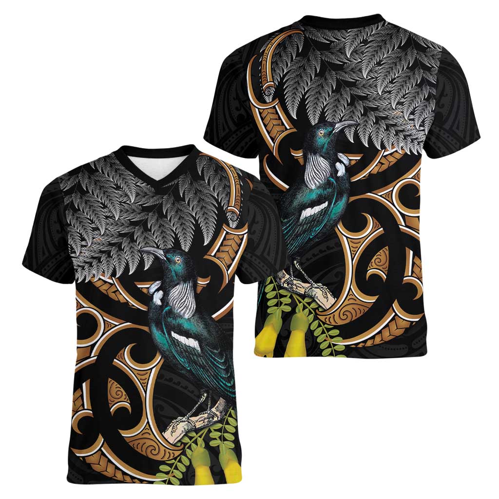 Aotearoa Kowhai Tui Bird Women V-Neck T-Shirt Maori Ngaru With Silver Fern